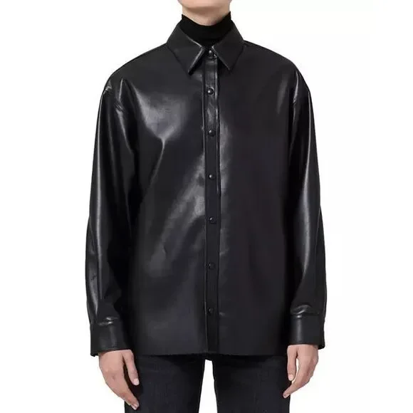 AGOLDE Calla Vegan Leather Shirt in Shadow Size Extra Small $275